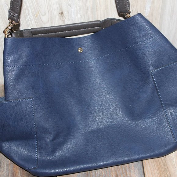 Women Dark Blue Bucket Bag 2 Straps Over Shoulder + Briefcase Handle Style - Picture 7 of 15